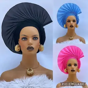 Africa Gele Headtie Hat Aso-Oke Fabric Gele Headwrap Ready-to-Wear Gele Autogele Nigerian Wedding Handcrafted Comfortable Lightweight Stress-Free