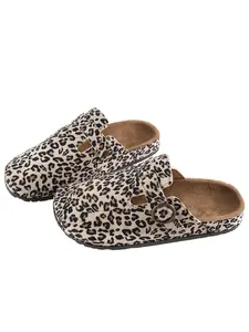Women's Leopard Print Mules, Casual Slip-On Sandals, Comfortable Soft Sole, Adjustable Buckle, Flat Heel, All Seasons, Indoor & Outdoor