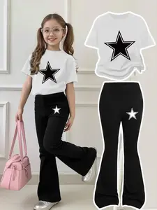Girls' Classic Star Bell Bottoms Two-Piece Set, Round Neck Short Sleeve & Bell Pants, Casual Cartoon Style, All Seasons