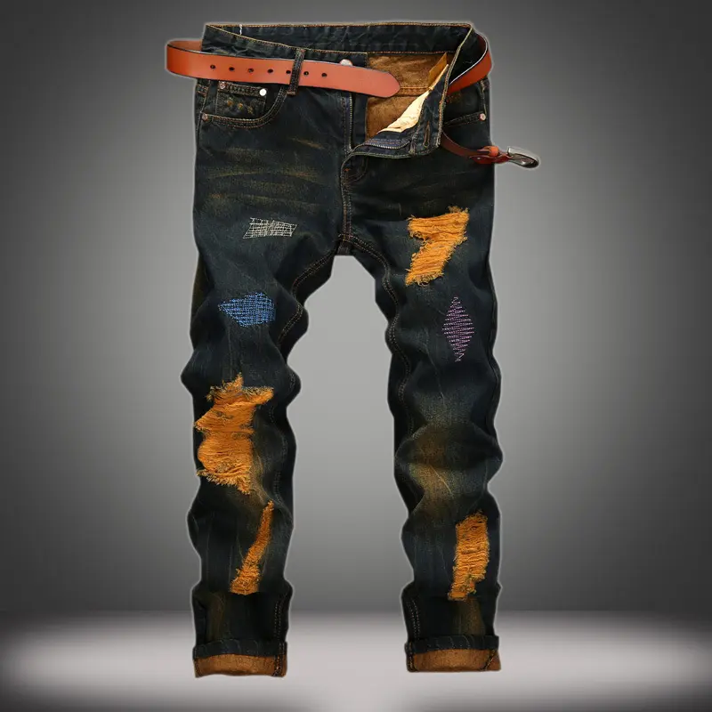 Men's distressed straight-leg jeans with vintage embroidery, tailored fit Menswear Graphic Pants Blue Denim Streetwear