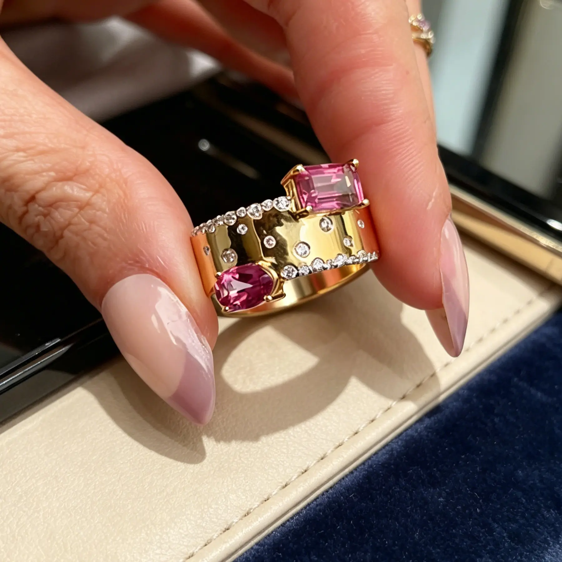 Female French-Style Chunky Synthetic Zircon Ring, Asymmetrical Design with Pink Diamond Accents, Vintage-Inspired Irregular Pave-Set Band, Bold Look Geometric Costume Jewelry Accessories, Affordable Birthday Gift for Girlfriend