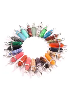 6/12/20pcs Mixed Color Hexagonal Pendant Crystal Healing Chakra Decorative Ornaments, Home Decoration, Stainless Steel Chain