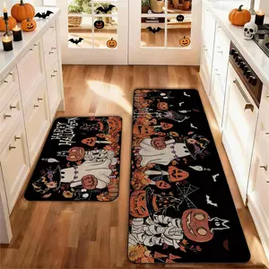 Set of 2 Halloween Kitchen Mats , Pumpkin Bat Ghost Design, Non-Slip Low Height, Halloween Party Floor Mat Home Kitchen Decor