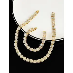 Unisex Punk Style Rhinestone Decorated Jewelry Set, 2024 New Style Cuba Chunky Link Chain Necklace & Matching Bracelet Kit, Street Style Iced Out Jewelry Set, without Box, Male Jewelry  for Gifts