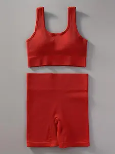 Two-Piece Set Women's Solid Ribbed Crop Tank Top & High Waist Shorts Tracksuit Set, Breathable Comfortable Seamless Outfits for Yoga Gym Workout Running, Ladies Sportswear for All Seasons, Sporty Breathable Outfits