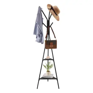Coat Rack, Freestanding Coats Rack Stand with 2 Shelves 6 Hooks, Free Standing Hall Coat Tree for Entryway, Bedroom, Living Room, Modern Clothes Hanger Stand for Coats, Hats, Scarves, Handbags