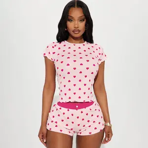Women's Slim-Fit Shortsleeve Heart-Printed Color-Blocked Pyjama Set - Casual Home Loungewear Nightwear, Sports & Outdoor Clothes Set