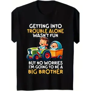 Funny "Becoming a Big Brother" Tractor Graphic T-Shirt for Boys & Girls - Soft Round Neck Short Sleeve Casual Summer Top with Cute Tractor & Brother Design