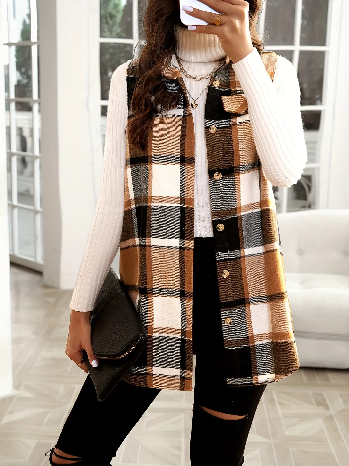 Trendy Women's Plaid Print Flap Detail Sleeveless Collar Button Front Vest Blazer Jacket A Versatile Addition to Your Closet Casual Coat
