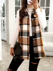 Trendy Women's Plaid Print Flap Detail Sleeveless Collar Button Front Vest Blazer Jacket A Versatile Addition to Your Closet Casual Coat