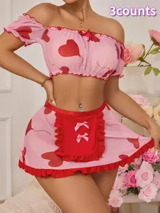 Women's Heart Print Ruffle Trim Maid Costume Three-piece Set, Sexy Cosplay Crop Top & Skirt & Thong Set, Women's Lingerie & Underwear for All Seasons, Corset Tube Top, Vintage Corset Tops