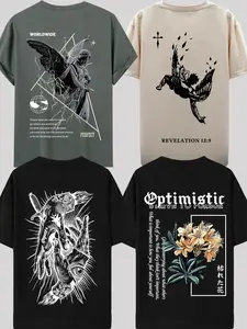 Unisex's Letter & Angel & Tropical Palm Tree & Floral Print Round Neck Knit Tee, Regular Fit Streetwear Fashion Casual Short Sleeve T-shirt for Summer, Daily Wear Top for Men Women