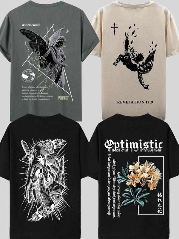 Unisex's Letter & Angel & Palm Tree & Floral Print Round Neck Tee, Regular Fit Casual Short Sleeve T-shirt for Summer, Daily Wear Top for Men Women