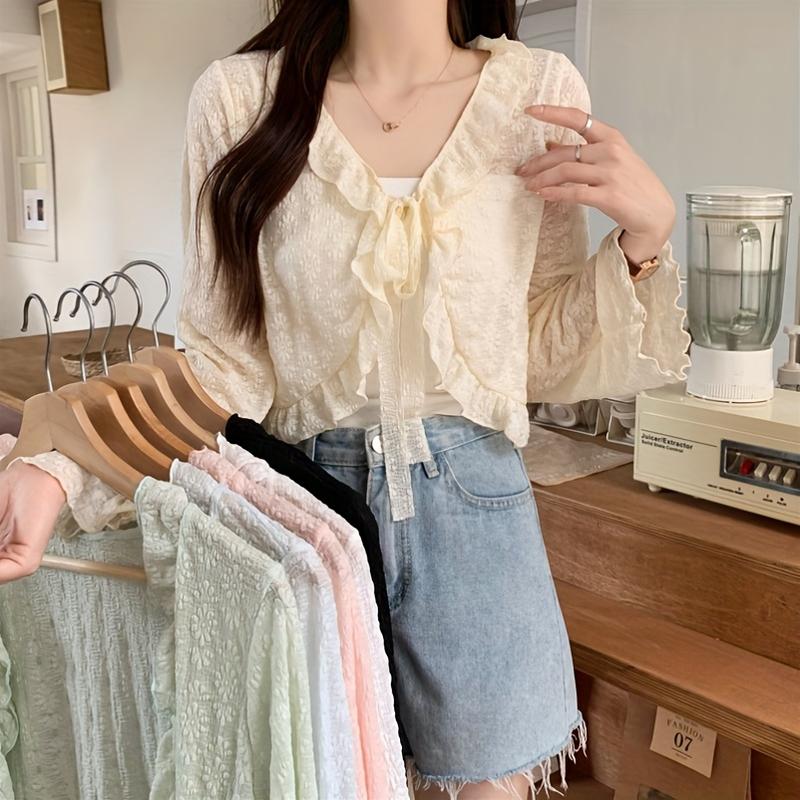Elegant and Lightweight Lace-up Cardigan-Breathable Chiffon Shawl, Ruffles, Long Sleeves, Sun Protection-Spring/Women's Summer Top, Soft Blue, White, Cream, Pink, Black Fitted Knitwear Womenswear Basic Beige Casual