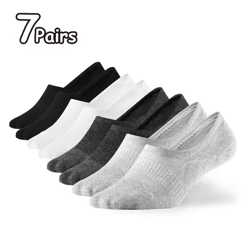 WANDER Unisex No-Show Sports Socks, 7-Pair Low-Cut Cotton Socks with Non-Slip Design, Breathable Fabric, Mesh, Spandex, Toe Reinforcement, Durable, Plain, Size 6-8/9-11/12-14 (Black, White, Grey)