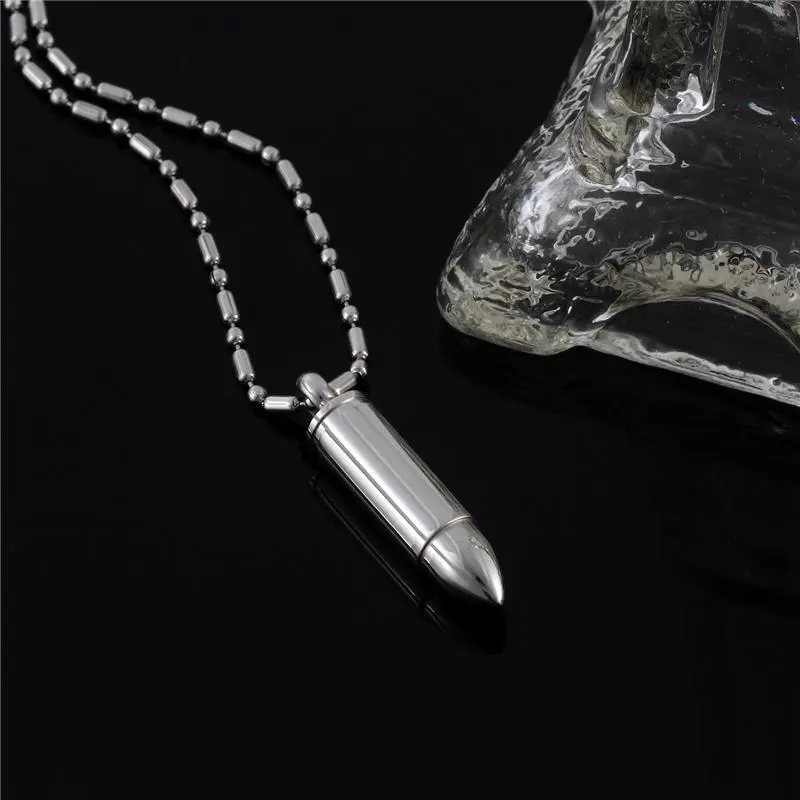 Silver Tone High Polished Stainless Steel Military Mens Bullet Necklace Pendant