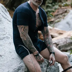 Mens Short Sleeve Onesie Henley Jumpsuit Pajamas Stretchy Cotton Sleepwear Lounge Button Closure Tagless Label Super Comfortable Homewear - Fabric