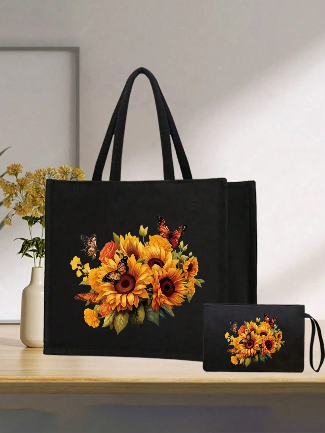Sunflower And Butterfly Print Design Tote Bag And Makeup Pouch Set, Travel Accessory, Travel Makeup Bag for Women, Lightweight Cosmetic Organizer, Coin Purse for Travel Essentials