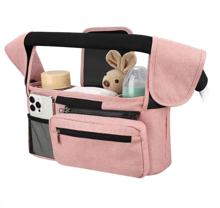 Universal Stroller Organizer with Insulated Cup Holder (6H Cool/Warm), Detachable Phone Bag + Shoulder Strap, Oxford Fabric Multi-Pocket Caddy Fits Uppababy/Baby Jogger/Britax – All-in-One Stroller Bag