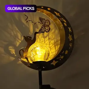 1 Pack Cat & Moon Shaped Metal Solar Light, Auto Sensor Solar Powered Outdoor Garden Decor Lamp, Landscape Lighting for Patio Yard & Holiday Gifts #GLOBAL PICKS