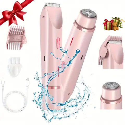 Women’s Electric Bikini Trimmer & Shaver, 2-in-1 Dual-Head IPX7 Waterproof Wet/Dry Razor, USB Rechargeable Body Groomer for Bikini Area, Face, Legs & Underarms