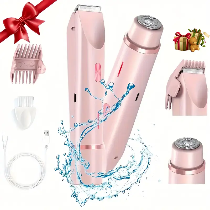 Women’s Electric Bikini Trimmer & Shaver, 2-in-1 Dual-Head IPX7 Waterproof Wet/Dry Razor, USB Rechargeable Body Groomer for Bikini Area, Face, Legs & Underarms