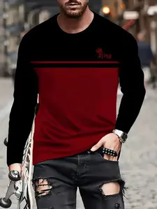 Men's Casual Fitted Long Sleeve Knit T-Shirt, 3D Printed Letter Pattern, Soft Comfortable Round Neck Top, Street Fashion Streetwear for Spring & Fall Outdoor Wear, Casual Comfy Pullover Knitwear