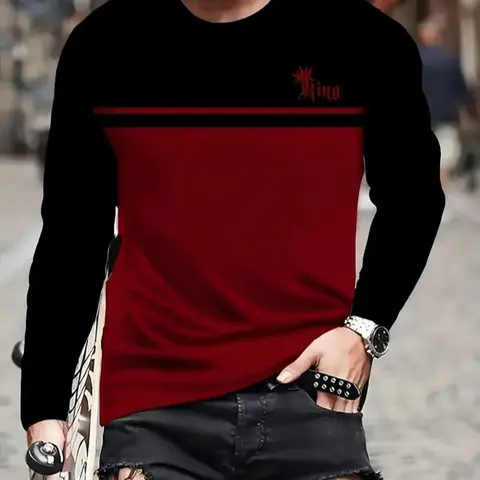 Men's Casual Fitted Long Sleeve Knit T-Shirt, 3D Printed Letter Pattern, Soft Comfortable Round Neck Top, Street Fashion Streetwear for Spring & Fall Outdoor Wear, Casual Comfy Pullover Knitwear