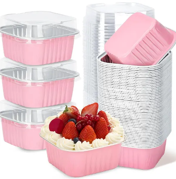 30-Piece 10 oz Square Aluminum Foil Mini Cake Pans with Transparent Lids, 4"x4" Disposable Oven-Safe Bakeware, Baking Tools & Home Baking Supplies for Cupcakes, Parties, Cooking-Loving Moms (Pink)