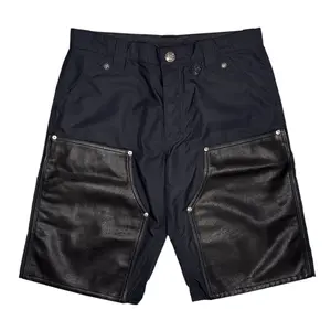 Men's High-Waist Chrome Hearts Black Nylon Carpenter Shorts with Leather Cross, Lucky Plus Patch, and Double-Knee Design