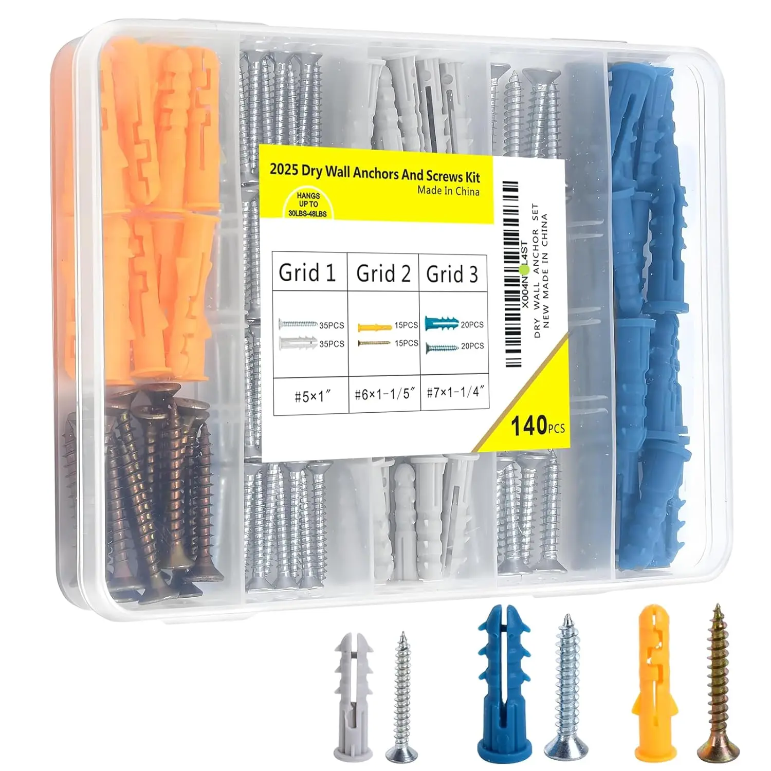 140 count Drywall Anchors and Screws Kit (3 Sizes) - Plastic Screw Anchors for Drywall & Sheetrock with Phillips Screws - Assorted Wall Anchors Set for Shelves, Mirrors, Wall Art,  Decor