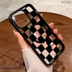 Premium Magnetic Phone Cases for iPhone 11-17 Pro Max Black Checkerboard Y2K MagSafe Ready Anti-Fall TPU Protector Aesthetic Christmas White