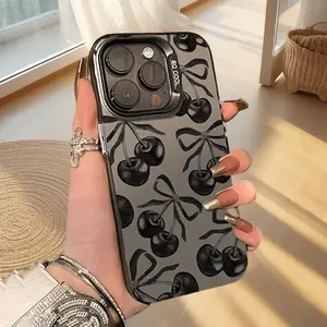 Stylish Black Cherry Butterfly Pattern Laser Frosted Phone Case for iPhone 11, 12, 13, 14, 15, 16, 17, XS, X,  Mini, Plus, Pro, Max Series - Perfect Gift for Girlfriend, Boyfriend, Friends or Yourself