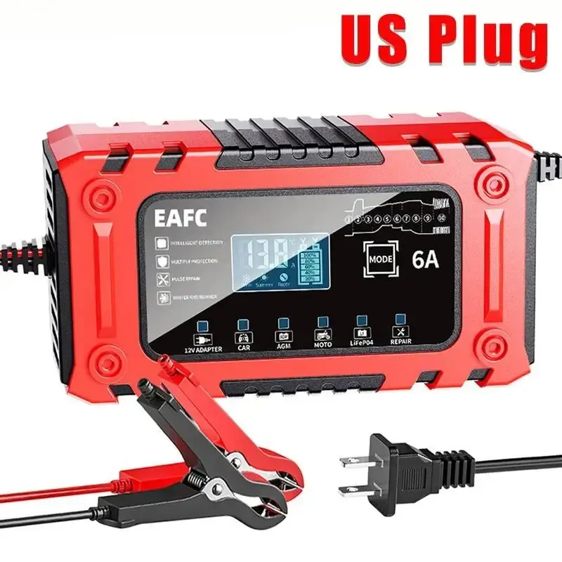 Us Plug Battery Charger 12V 6a, Smart Fast Charging Pulse Repair, LED Display, Suitable for Car, RV, Motorboat, Vehicle, Lead Acid/lifepo4 Batteries