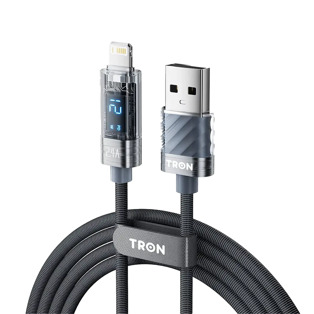 USB-A to Lightning Connector Transparent Braided Charging Cable - 2.4A Charge, Digital Readout Power Display, 5FT, for Mobile Phones