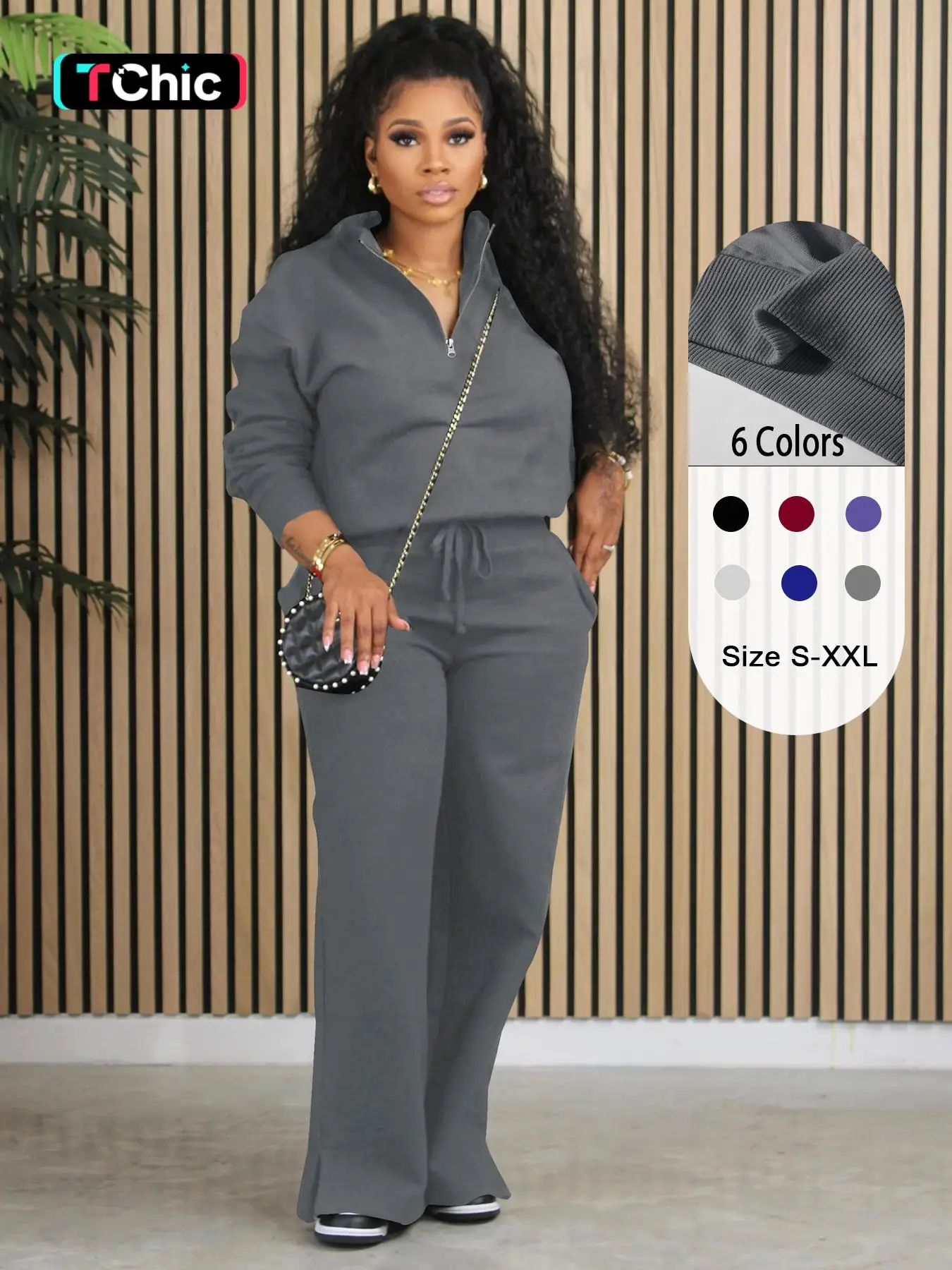 Two-piece Set Women's Solid Zip Up Sweatshirt & Pocket Tie Front Sweatpants Set, Fall Clothes, Casual Style Fashion Cozy Breathable Outfits for Daily