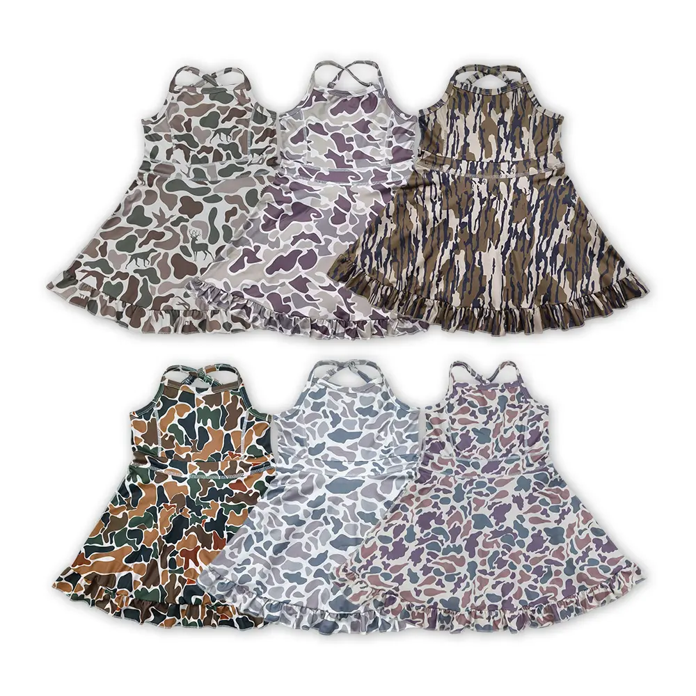 Girls' Sleeveless Camouflage Athletic Dress, Stretchy Nylon Yoga Fit with Elastic Waistband for Parties & Birthdays