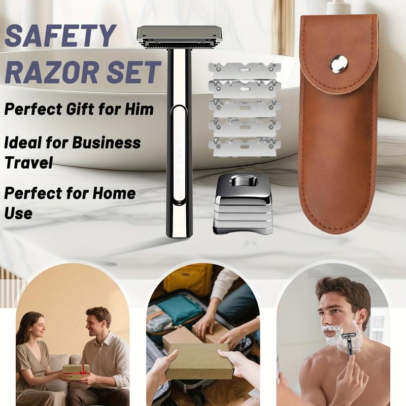 MAKEPOLO 5in1 Safety Razor Kit - All-Metal Shaver with Self-Cleaning, 15 Blades | Unisex Father's Day Gift Stainless Daily Handle Smooth Traditional Black Steel