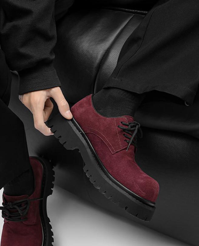 Cheat Code Height Boost: Burgundy Suede Platform Derby Shoes