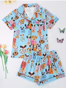 Women's 2-Piece Pajama Set, Casual Loose-Fit Short Sleeve Open Front Top & Shorts, Dog Pattern Print Design, All-Season Sleepwear