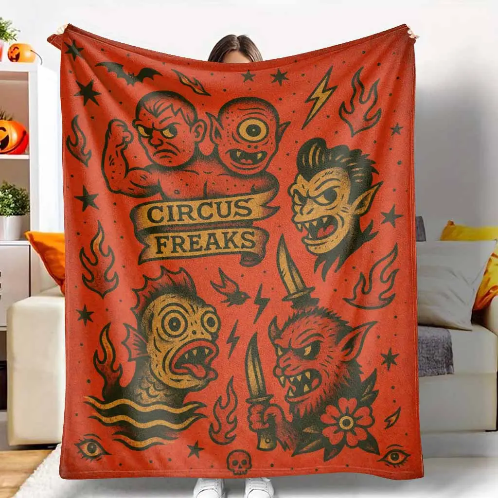 Vintage Circus Freaks Flannel Blanket - Retro Monster Print, Breathable, Lightweight, Wrinkle Resistant, Soft, Cozy, Durable, Warm, Machine Washable Home Decor Gift for Bedroom, Halloween Party