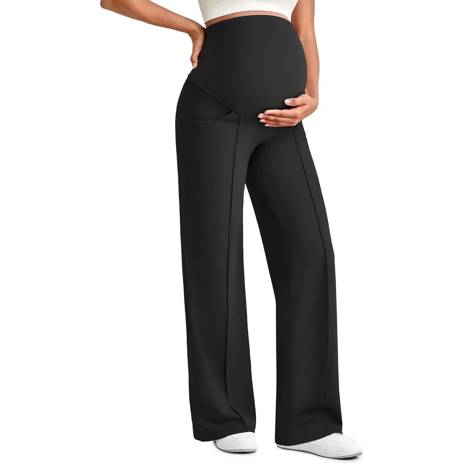 Maternity High-Rise Wide-Leg Pants - Stretchy Over-the-Belly Work Slacks with Pockets for Business Casual, Lounge Wear