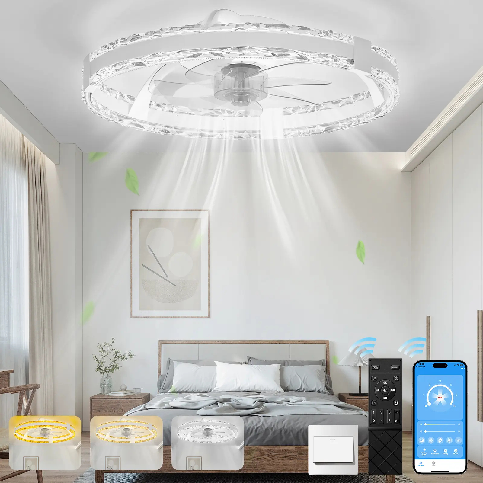 Ceiling Fans with Lights and Remote, 20'' Low Profile Flush Mount Ceiling Fan with 6 Speeds & 3 Color Temperature, 3000-6500K Dimmable Led Fandelier for Bedroom Livingroom, Lighting Modes Adjustable