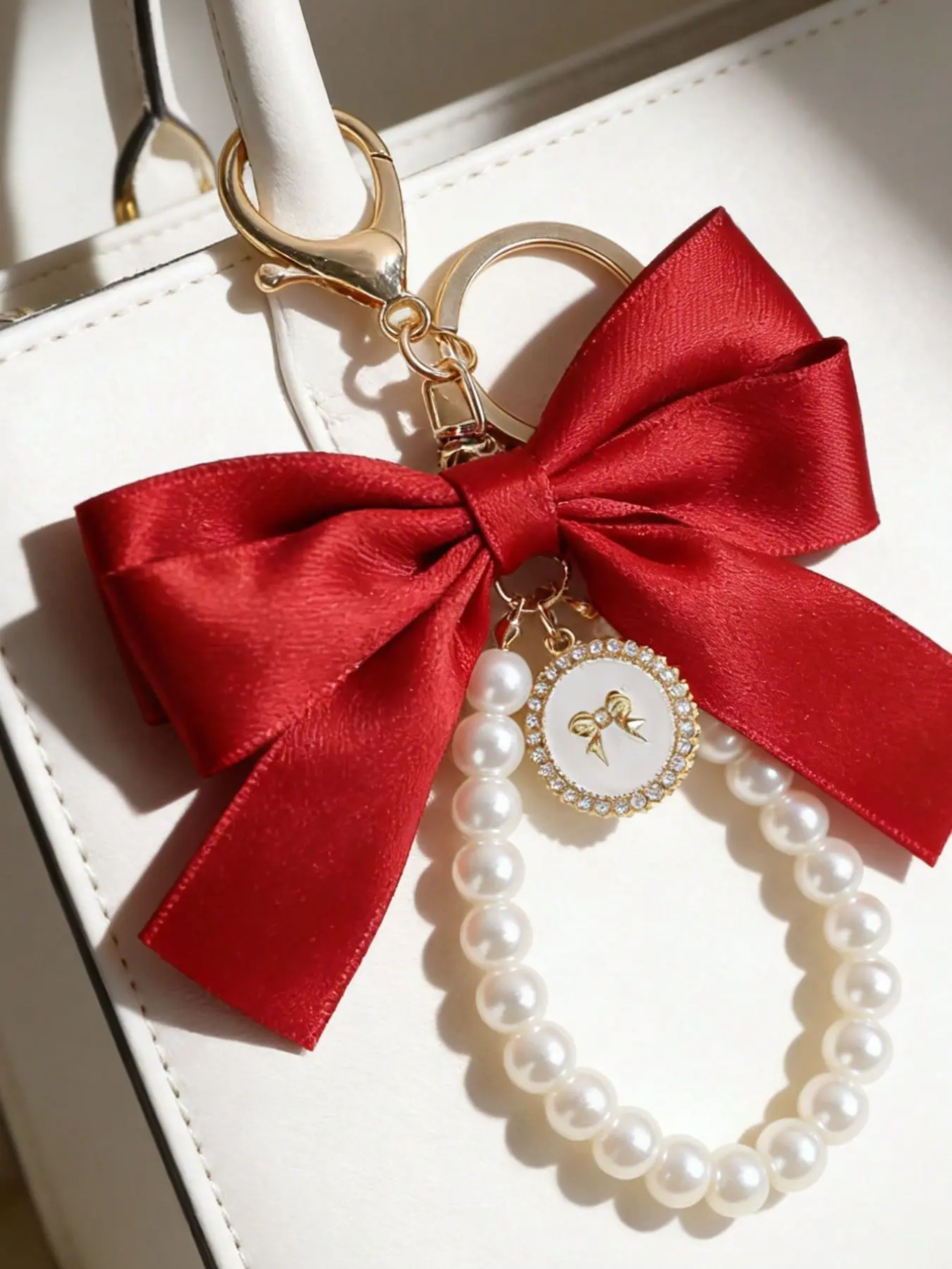Large Bow Pearl Keychain, Elegant Pearl Bow Keyring, Cute Bow and Pearl Keychain Charm, Faux Pearl Bracelet Chain