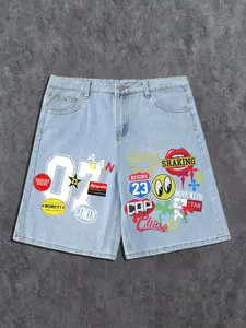 Men's Denim Shorts, Full Print Sticker Graphic Design, Star Print Jeans, High Waist Loose Fit, Casual Street Style, Blue Durable Jeans, Perfect for All Seasons