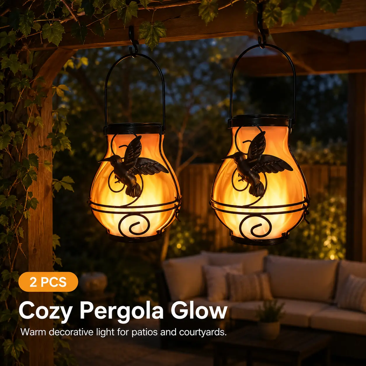 Solar Outdoor Lights - Black Metal Frame Self-Charging Waterproof Tripod Garden Lantern with Flickering Warm Light for Patio, Lawn