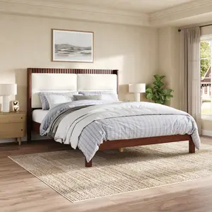 ARCH Solid Wood Queen Size Platform Bed Frame with Beige Velvet Upholstered Headboard, Espresso, No Box Spring Needed