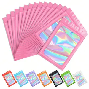 50pcs Pink Gift Packaging Bags, Resealable Gift Bag, Colorful Sample Bags, Clear Display Pouches, Reusable Ziplock Bags, Holographic Bags For Jewelry Storage, Accessories, Cables, Cosmetics, Party, Wedding, Birthday, Small Business, Festival Gift, Candy