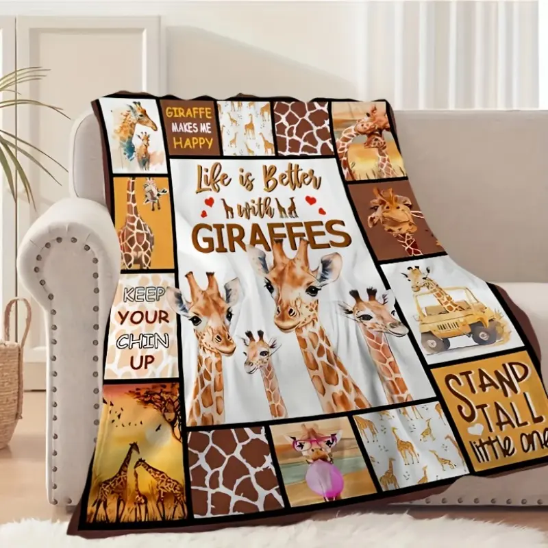1pc Orange Fleece Blanket with Giraffe Print, Made of 100% Polyester, Suitable for All Seasons, Tear-Resistant Digital Printed Blanket, Stylish Animal-Themed Multifunctional Sofa Throw, Perfect for Napping And Travel - Gift Packaging