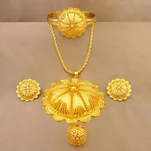 7.8cm Big Pendant Necklace Earrings Bracelet Rings African Ethiopian Jewelry Sets Eritrean Arabic Wedding Decor